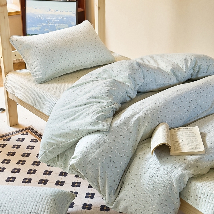 梦莱斯2025新款皱皱棉学生款床盖三件套 花海绿