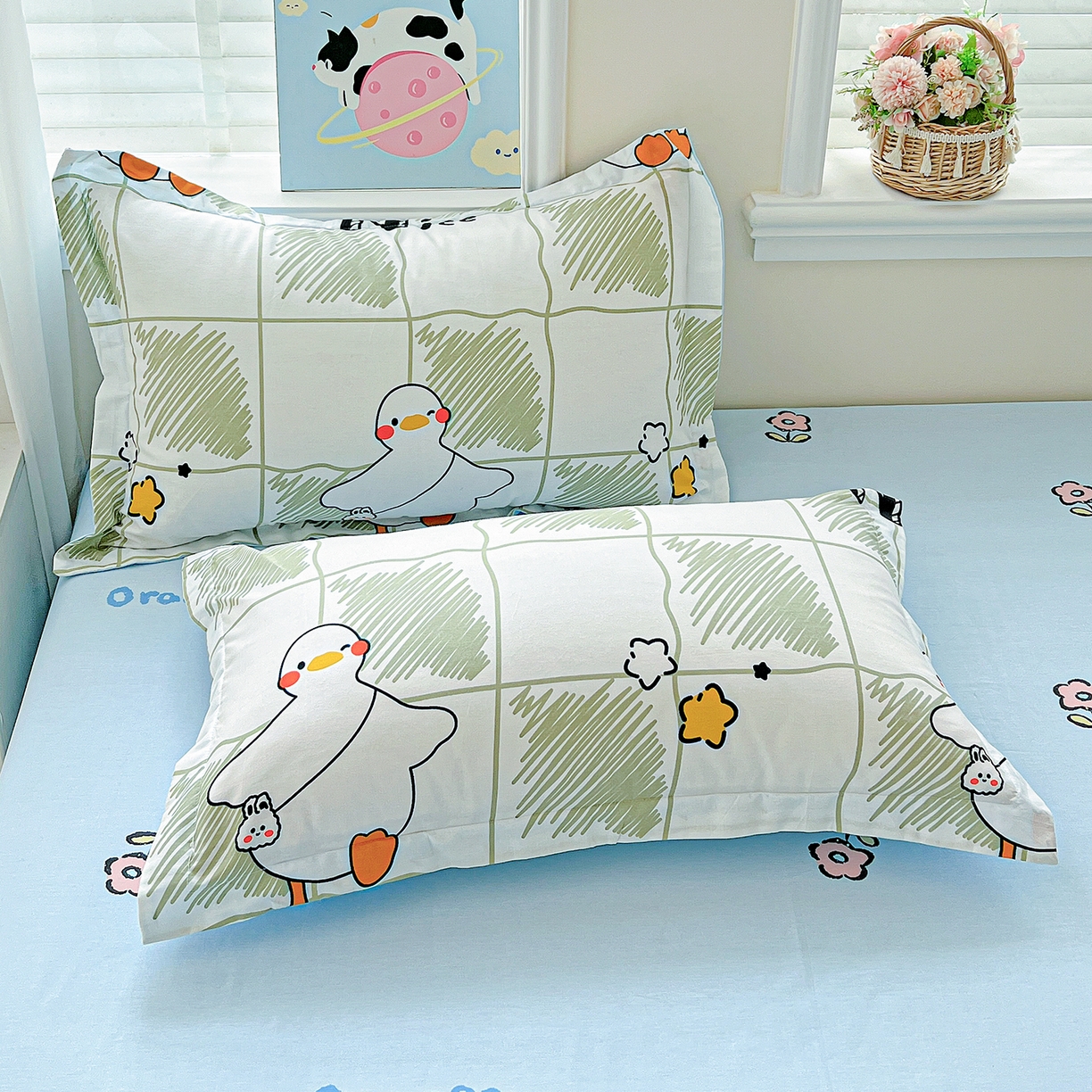 91家纺网 家纺一手货源 找家纺 恩泽家纺 2025新款加厚全棉纯棉印花系列枕套单件-单枕套 可爱鸭