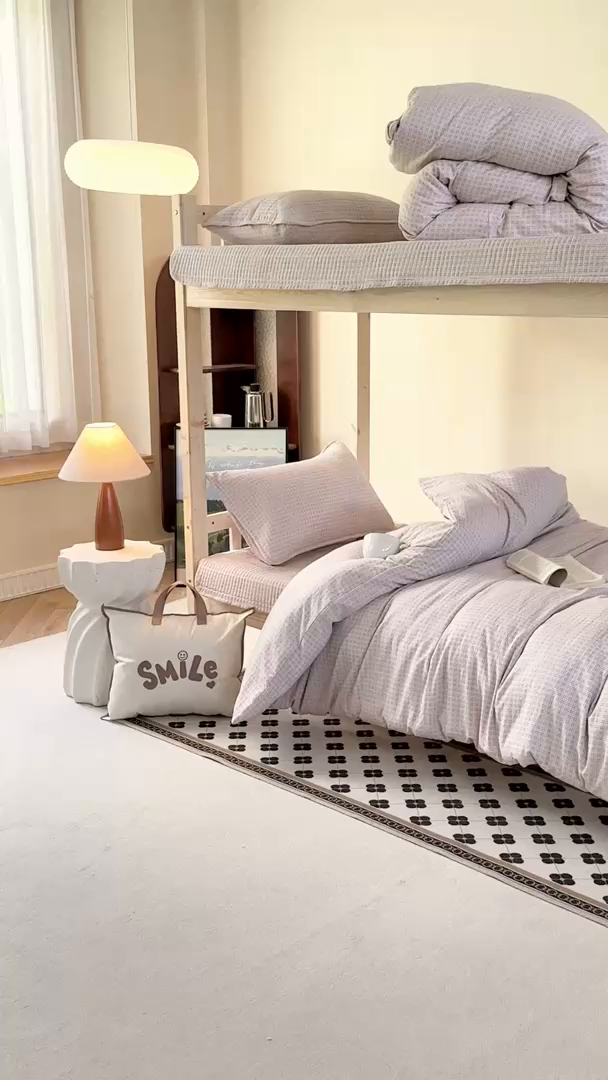 91家纺网 家纺一手货源 找家纺 梦莱斯2025新款皱皱棉学生款床盖三件套 简夕米