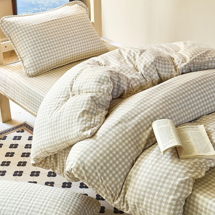 梦莱斯2025新款皱皱棉学生款床盖三件套 蓝格子