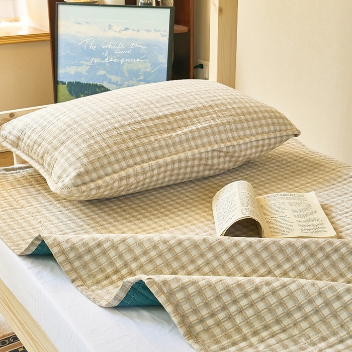 91家纺网 家纺一手货源 找家纺 梦莱斯2025新款皱皱棉学生款床盖三件套 蓝格子