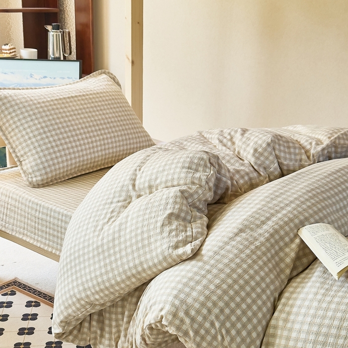 91家纺网 家纺一手货源 找家纺 梦莱斯2025新款皱皱棉学生款床盖三件套 蓝格子