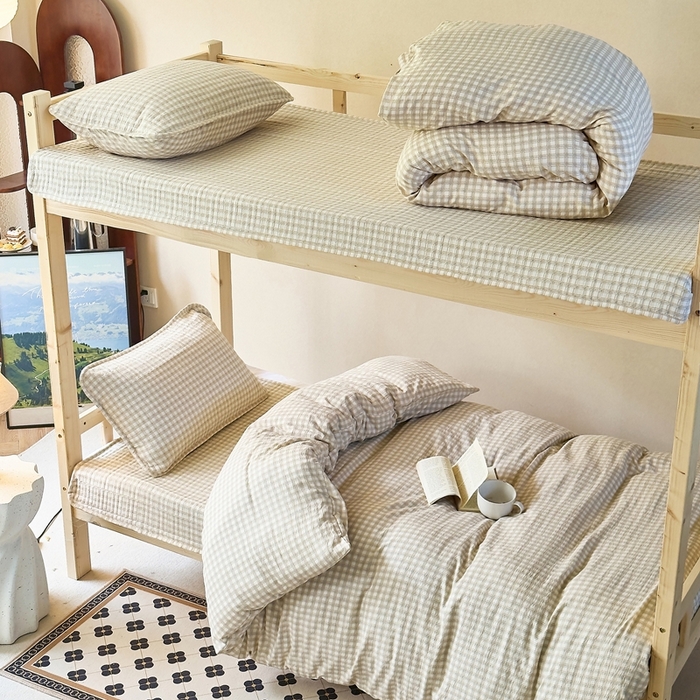 91家纺网 家纺一手货源 找家纺 梦莱斯2025新款皱皱棉学生款床盖三件套 蓝格子