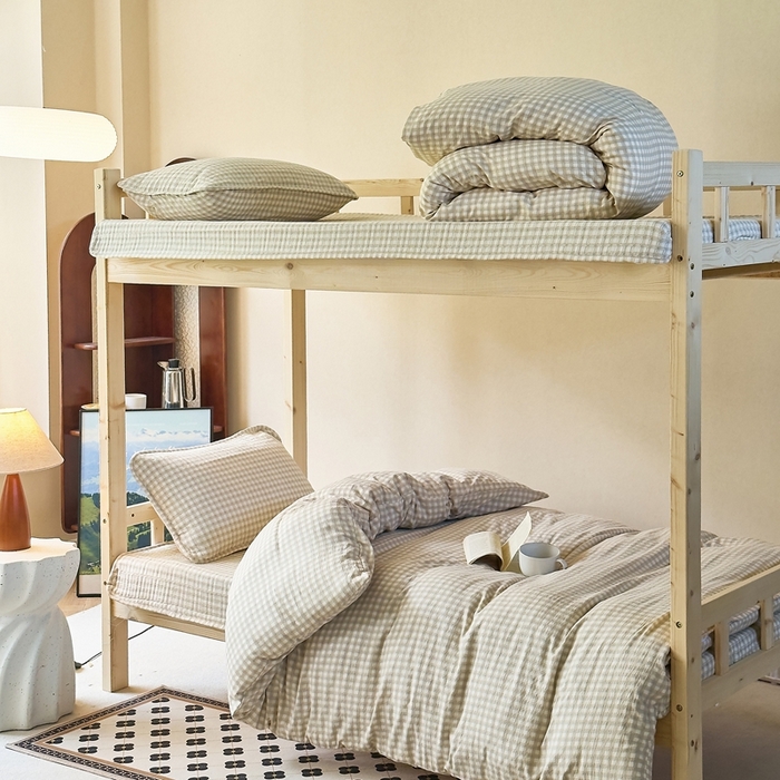 91家纺网 家纺一手货源 找家纺 梦莱斯2025新款皱皱棉学生款床盖三件套 蓝格子