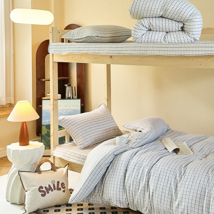 91家纺网 家纺一手货源 找家纺 梦莱斯2025新款皱皱棉学生款床盖三件套 罗格先生蓝