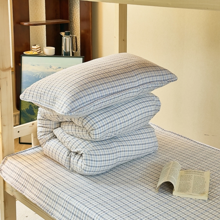 91家纺网 家纺一手货源 找家纺 梦莱斯2025新款皱皱棉学生款床盖三件套 罗格先生蓝