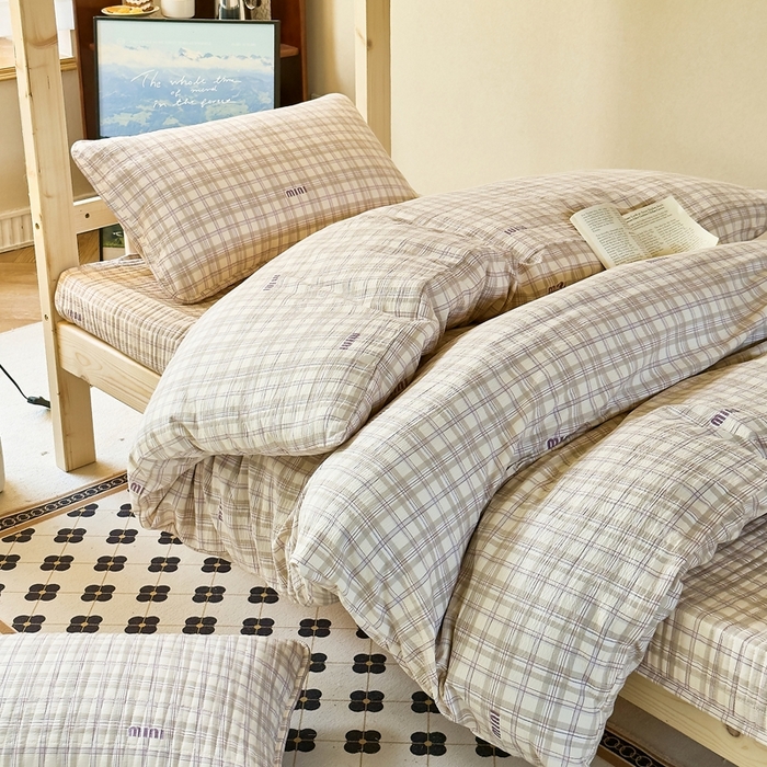 梦莱斯2025新款皱皱棉学生款床盖三件套 迷你格灰