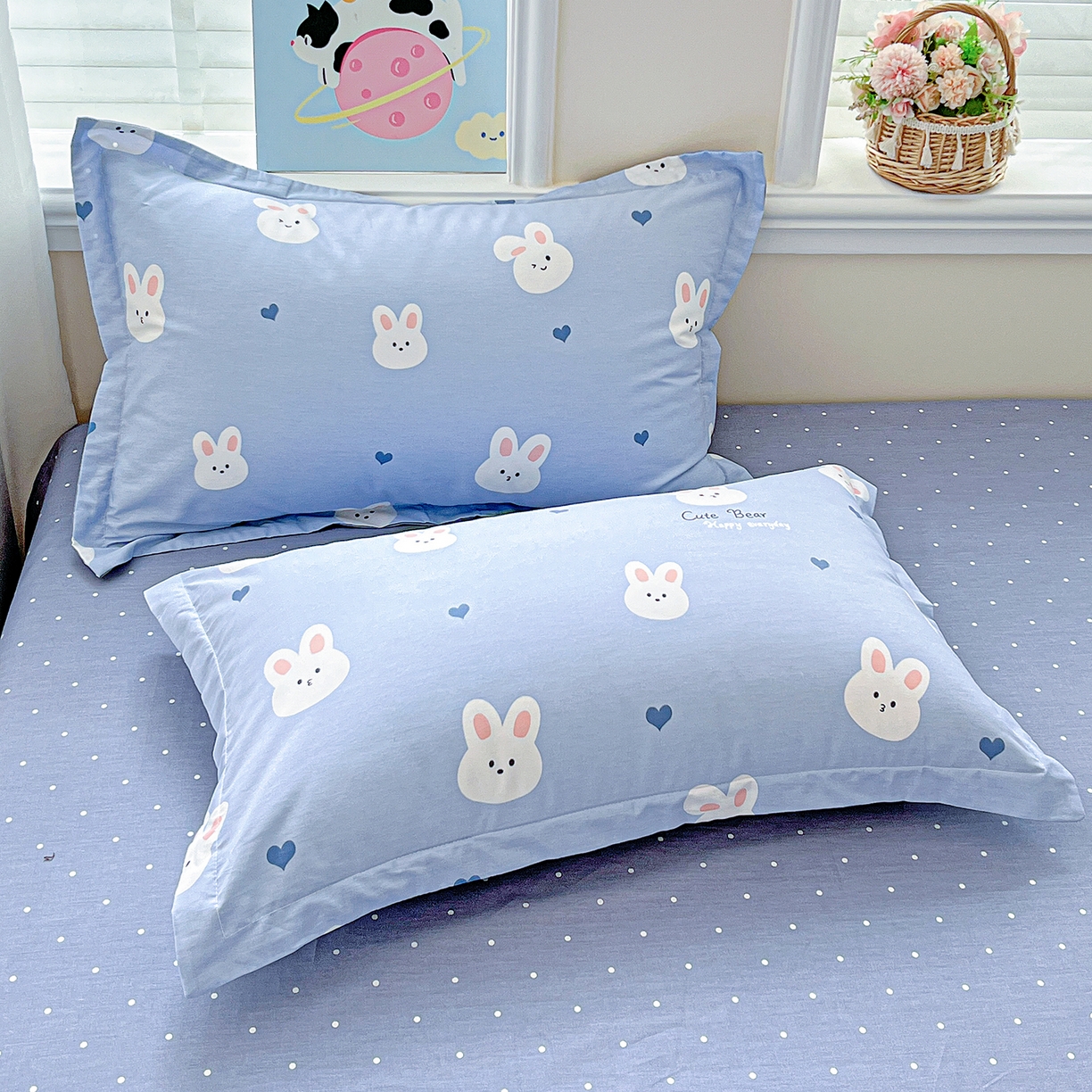 91家纺网 家纺一手货源 找家纺 恩泽家纺 2025新款加厚全棉纯棉印花系列枕套单件-单枕套 桃心小兔