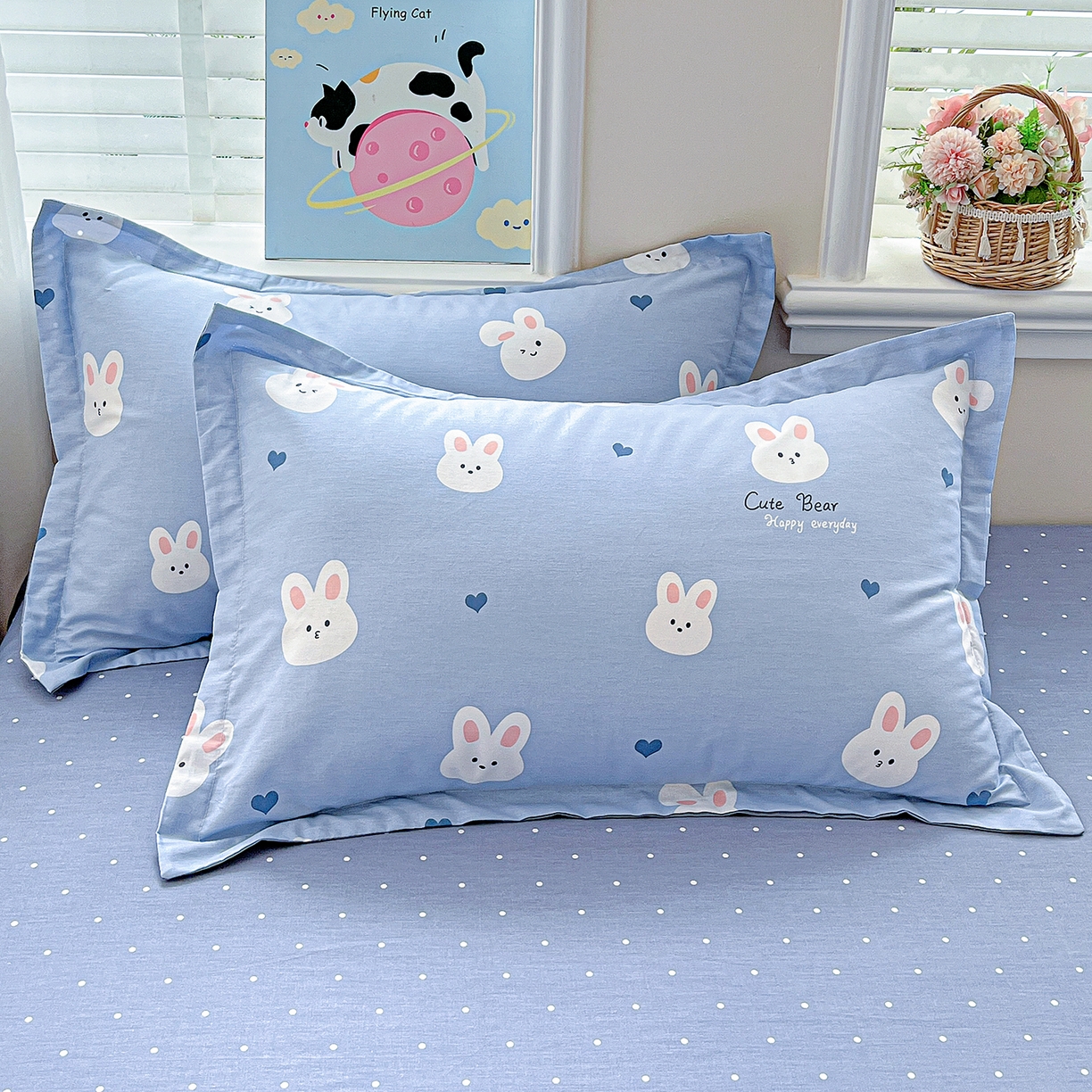 91家纺网 家纺一手货源 找家纺 恩泽家纺 2025新款加厚全棉纯棉印花系列枕套单件-单枕套 桃心小兔