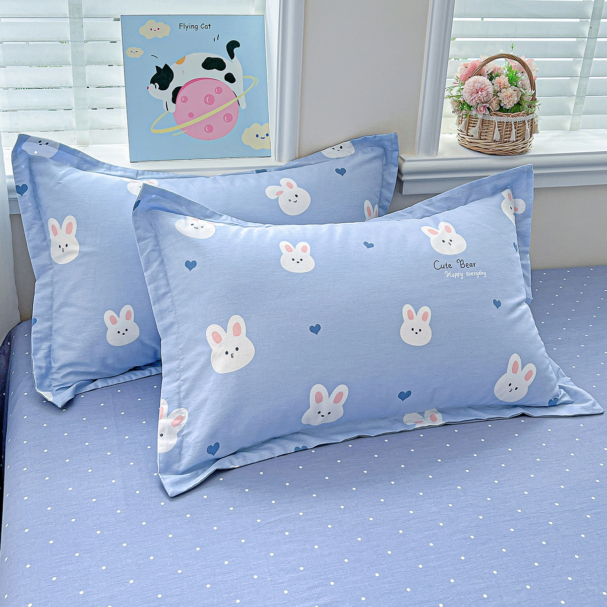 91家纺网 家纺一手货源 找家纺 恩泽家纺 2025新款加厚全棉纯棉印花系列枕套单件-单枕套 桃心小兔