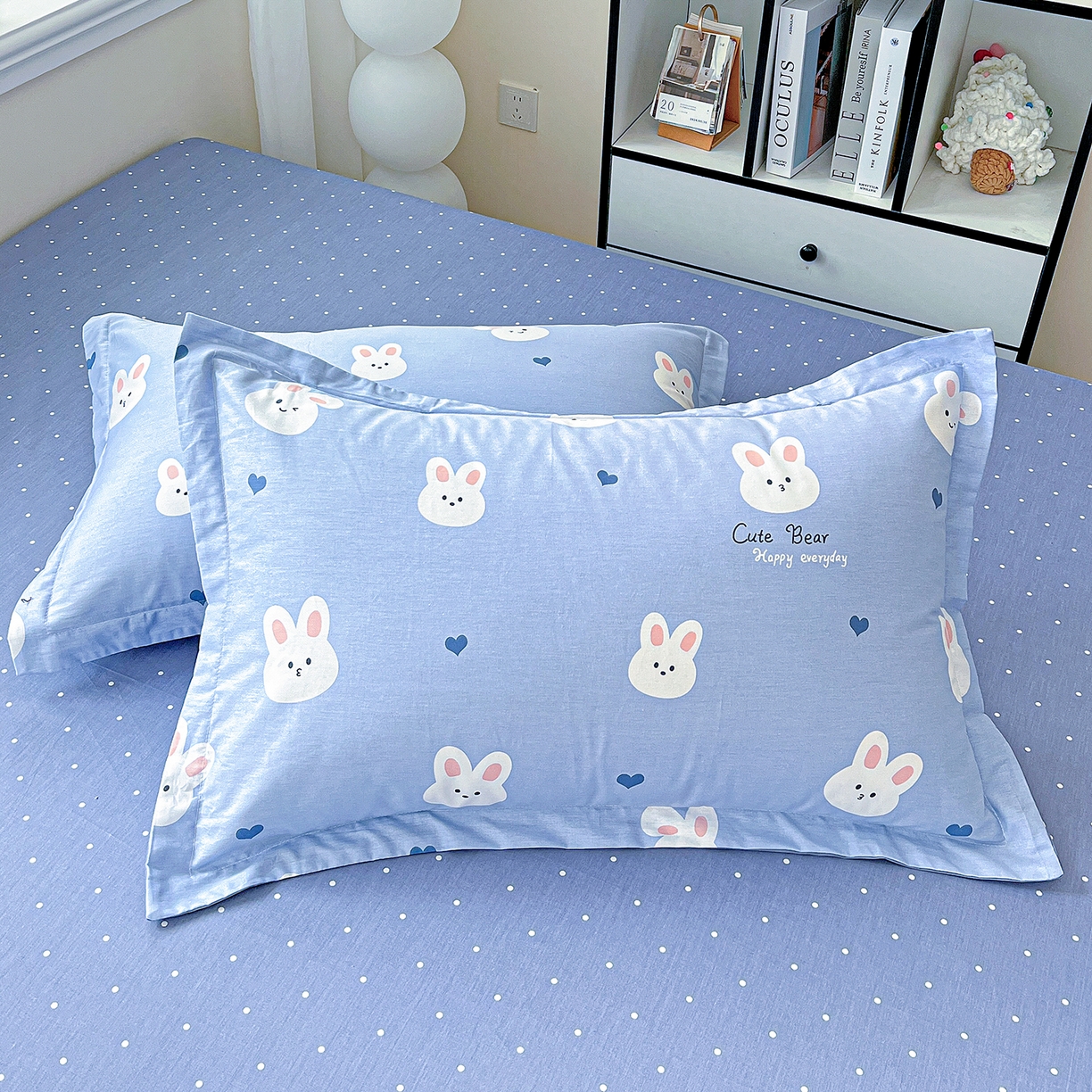 91家纺网 家纺一手货源 找家纺 恩泽家纺 2025新款加厚全棉纯棉印花系列枕套单件-单枕套 桃心小兔