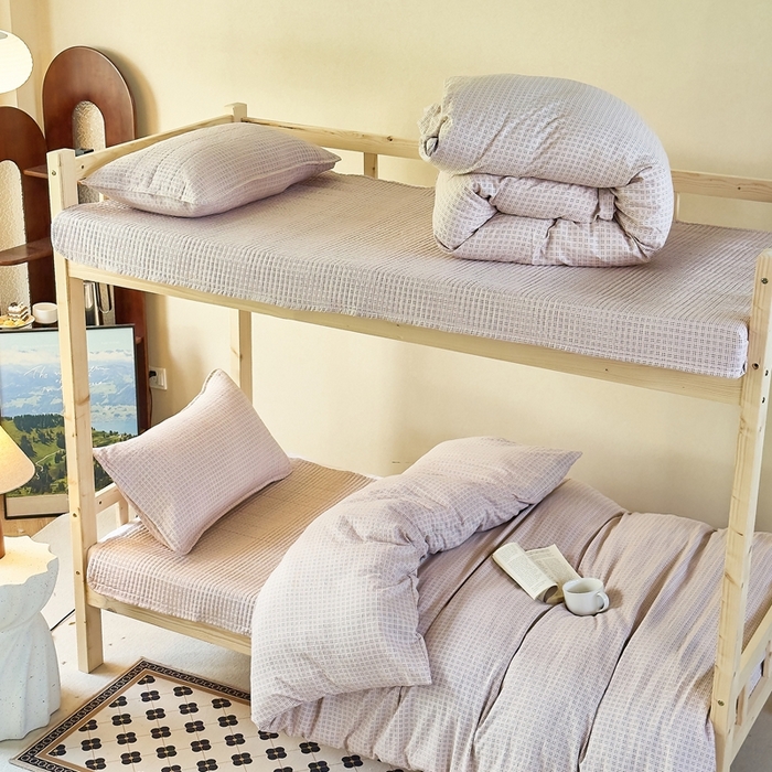 91家纺网 家纺一手货源 找家纺 梦莱斯2025新款皱皱棉学生款床盖三件套 往事咖