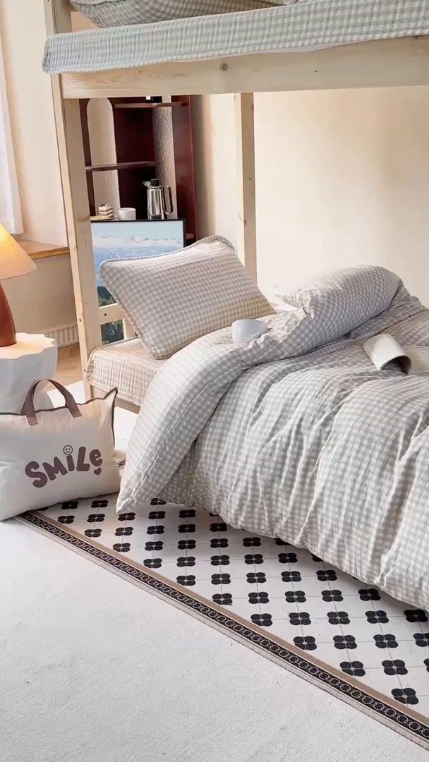 91家纺网 家纺一手货源 找家纺 梦莱斯2025新款皱皱棉学生款床盖三件套 往事咖