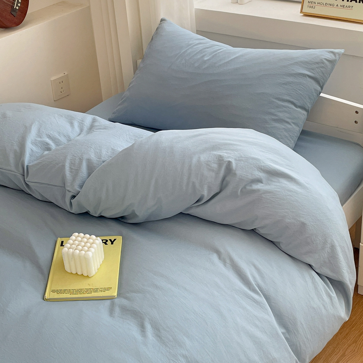 91家纺网 家纺一手货源 找家纺 纽缦家纺 2025新款纯色水洗亲柔棉三件套宿舍三件套上下铺三件套 千代蓝