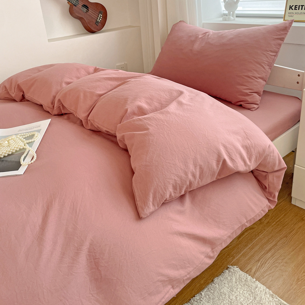 91家纺网 家纺一手货源 找家纺 纽缦家纺 2025新款纯色水洗亲柔棉三件套宿舍三件套上下铺三件套 豆沙