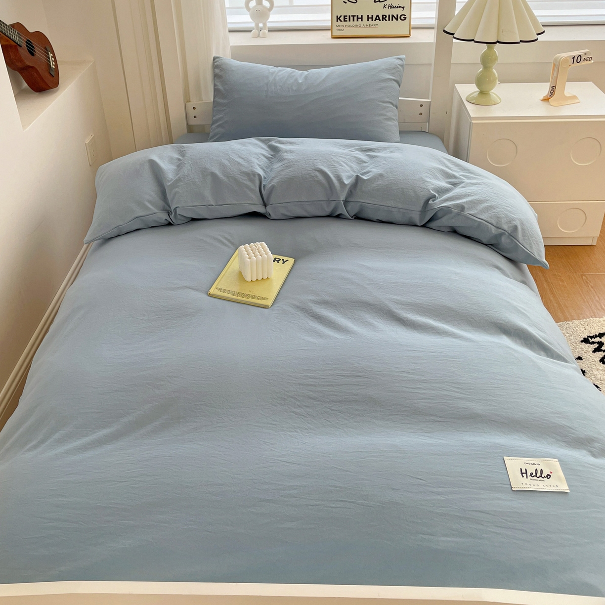 91家纺网 家纺一手货源 找家纺 纽缦家纺 2025新款纯色水洗亲柔棉三件套宿舍三件套上下铺三件套 千代蓝