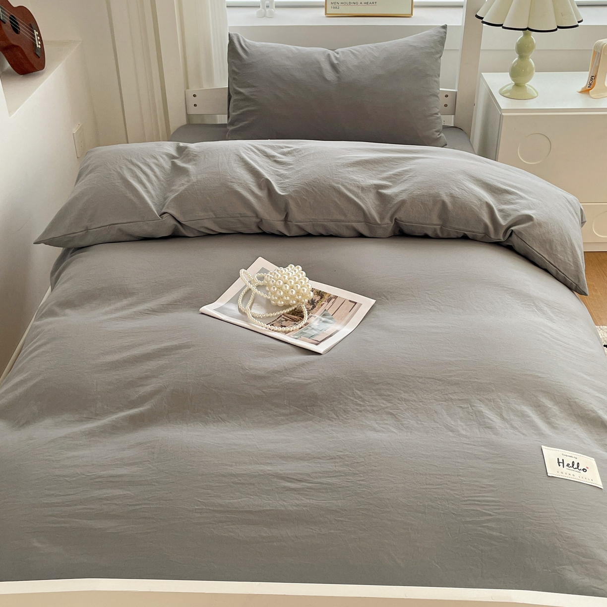 91家纺网 家纺一手货源 找家纺 纽缦家纺 2025新款纯色水洗亲柔棉三件套宿舍三件套上下铺三件套 高级灰