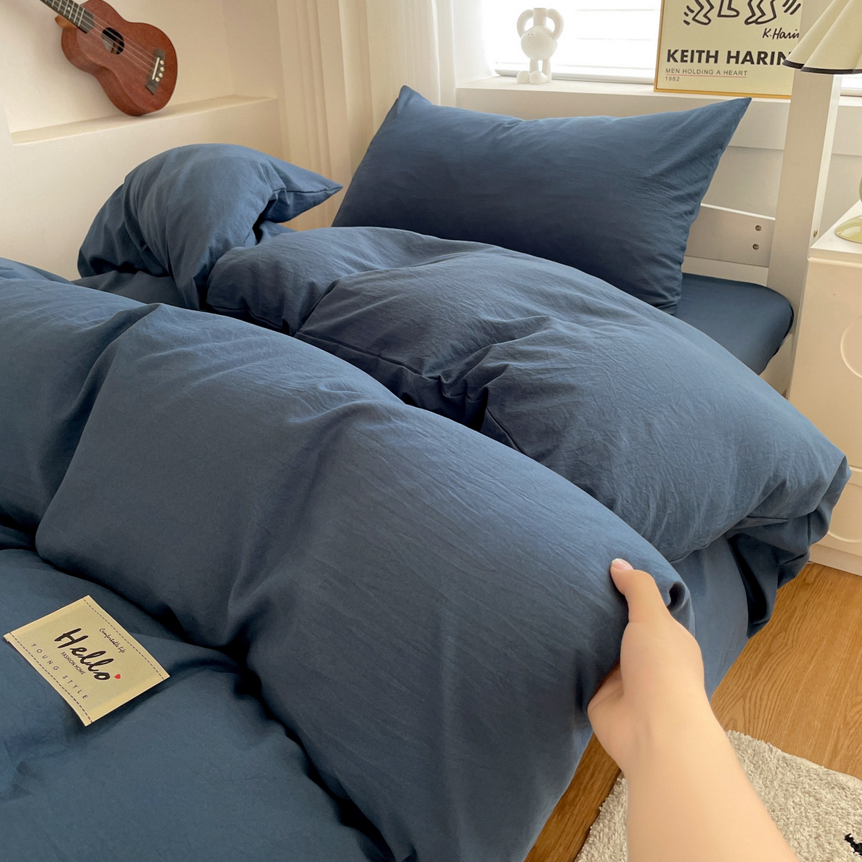 91家纺网 家纺一手货源 找家纺 纽缦家纺 2025新款纯色水洗亲柔棉三件套宿舍三件套上下铺三件套 宝石蓝