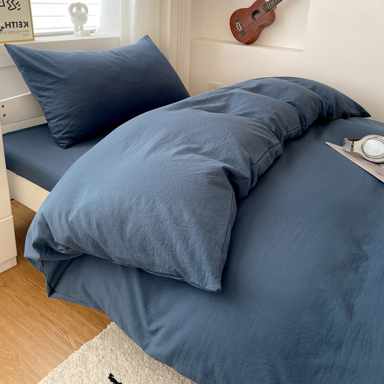 91家纺网 家纺一手货源 找家纺 纽缦家纺 2025新款纯色水洗亲柔棉三件套宿舍三件套上下铺三件套 宝石蓝