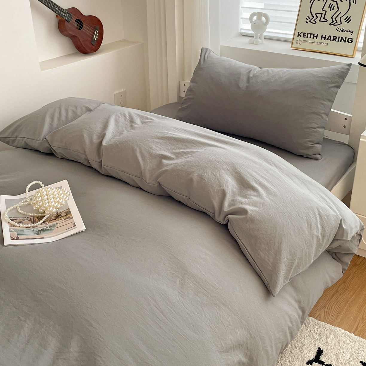 91家纺网 家纺一手货源 找家纺 纽缦家纺 2025新款纯色水洗亲柔棉三件套宿舍三件套上下铺三件套 高级灰