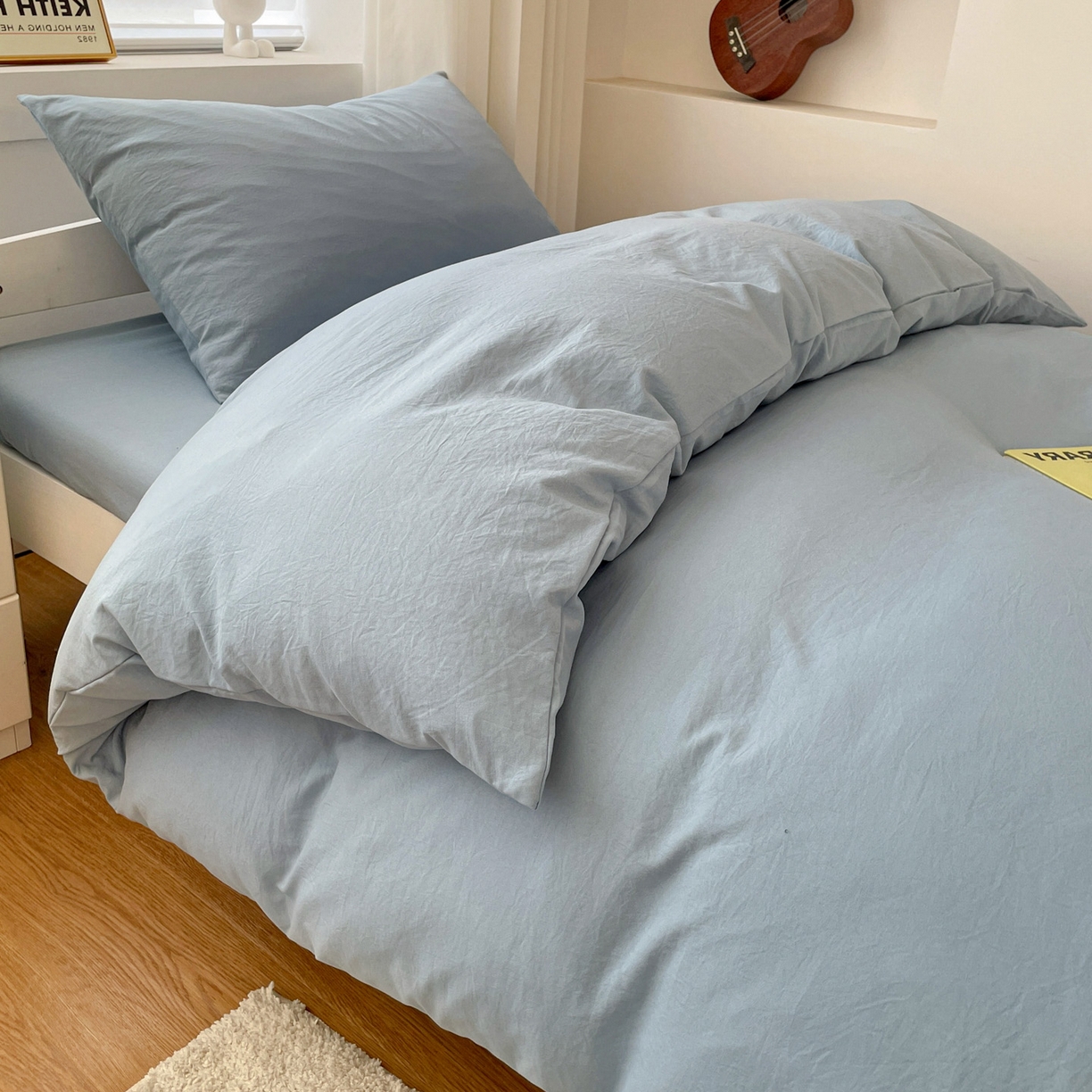 91家纺网 家纺一手货源 找家纺 纽缦家纺 2025新款纯色水洗亲柔棉三件套宿舍三件套上下铺三件套 千代蓝