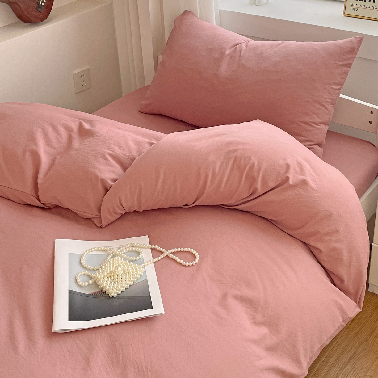 91家纺网 家纺一手货源 找家纺 纽缦家纺 2025新款纯色水洗亲柔棉三件套宿舍三件套上下铺三件套 豆沙