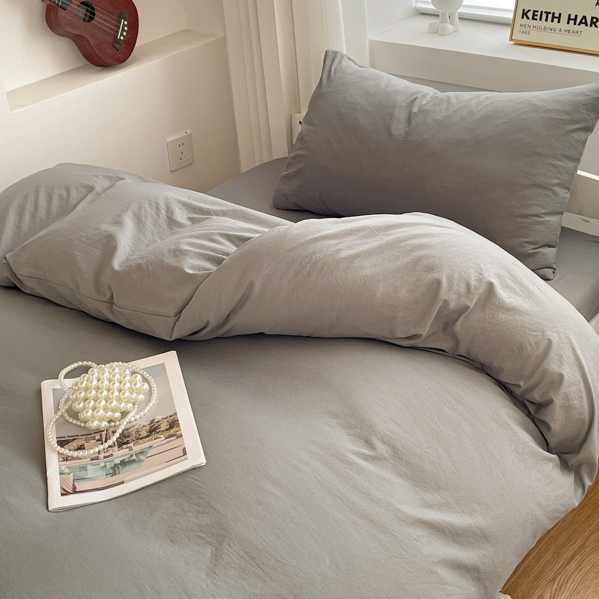 91家纺网 家纺一手货源 找家纺 纽缦家纺 2025新款纯色水洗亲柔棉三件套宿舍三件套上下铺三件套 高级灰