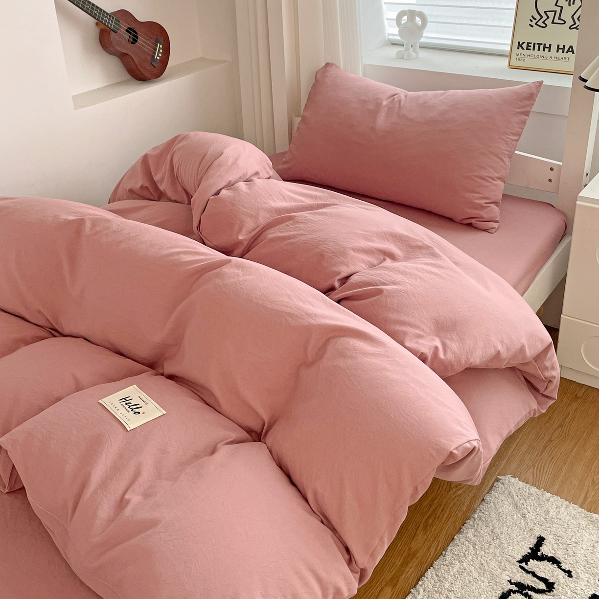 91家纺网 家纺一手货源 找家纺 纽缦家纺 2025新款纯色水洗亲柔棉三件套宿舍三件套上下铺三件套 豆沙