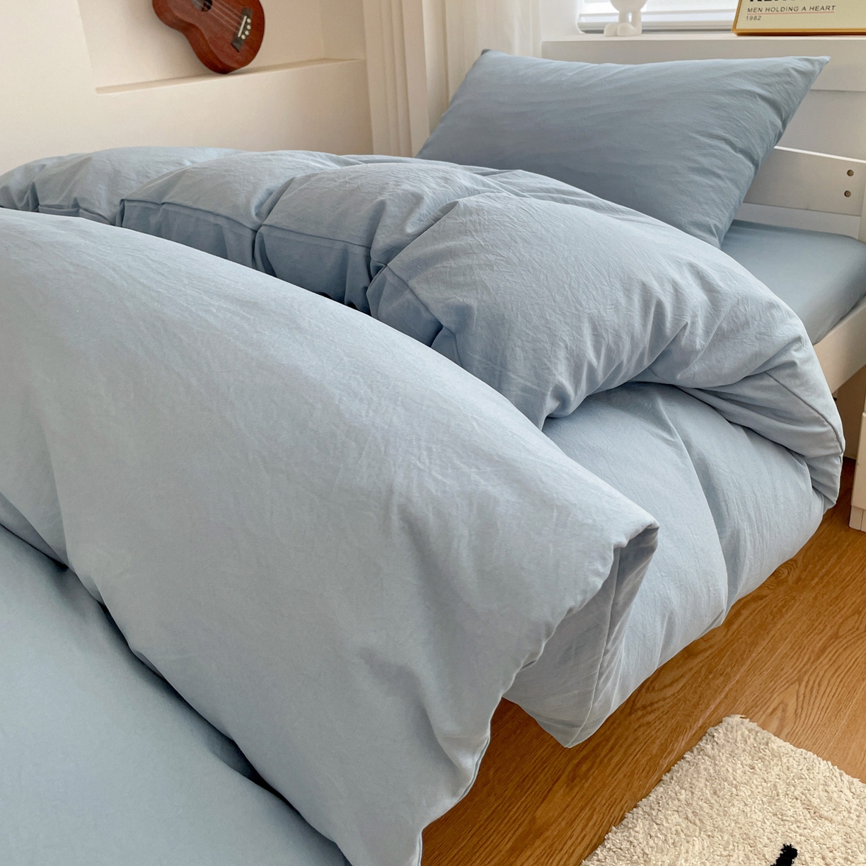 91家纺网 家纺一手货源 找家纺 纽缦家纺 2025新款纯色水洗亲柔棉三件套宿舍三件套上下铺三件套 千代蓝