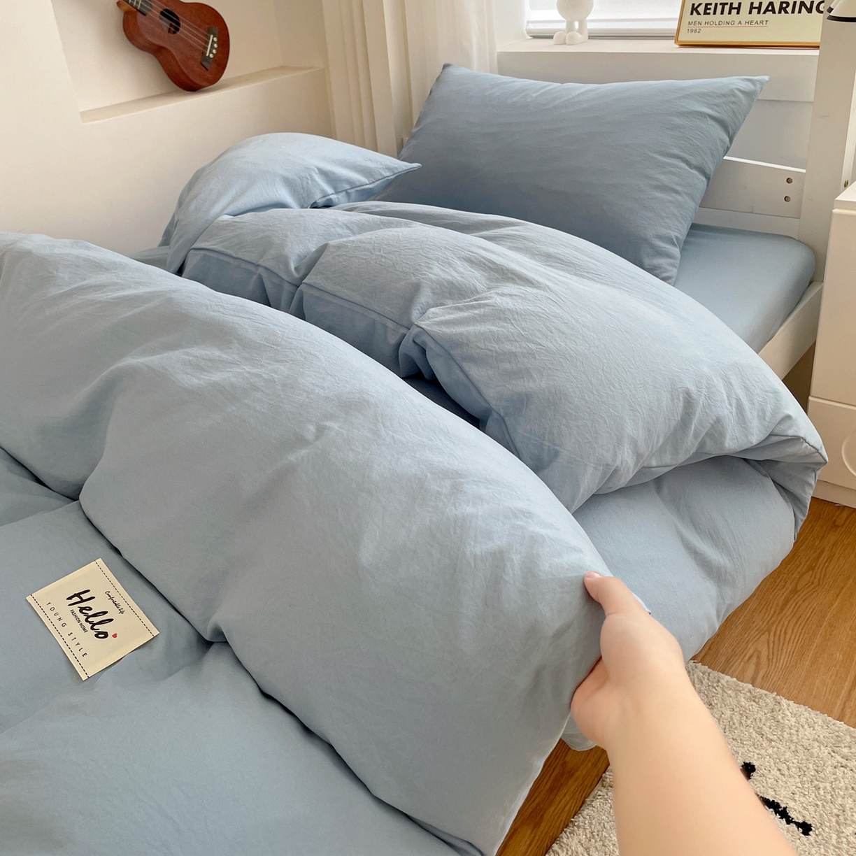 91家纺网 家纺一手货源 找家纺 纽缦家纺 2025新款纯色水洗亲柔棉三件套宿舍三件套上下铺三件套 千代蓝