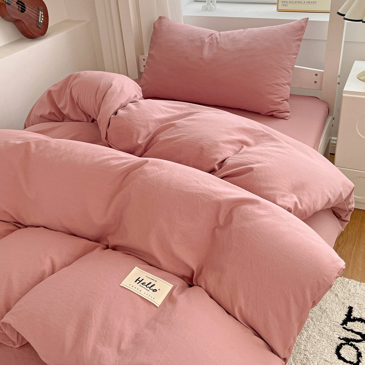 91家纺网 家纺一手货源 找家纺 纽缦家纺 2025新款纯色水洗亲柔棉三件套宿舍三件套上下铺三件套 豆沙