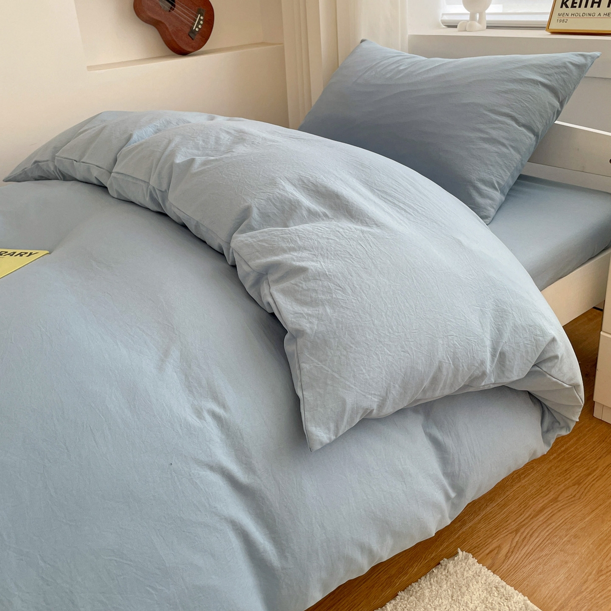 91家纺网 家纺一手货源 找家纺 纽缦家纺 2025新款纯色水洗亲柔棉三件套宿舍三件套上下铺三件套 千代蓝