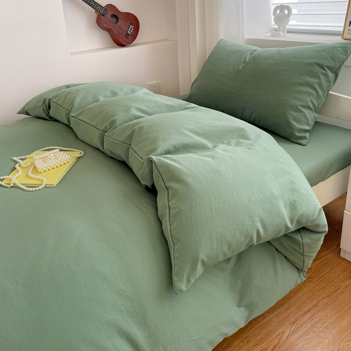 91家纺网 家纺一手货源 找家纺 纽缦家纺 2025新款纯色水洗亲柔棉三件套宿舍三件套上下铺三件套 蓝绿