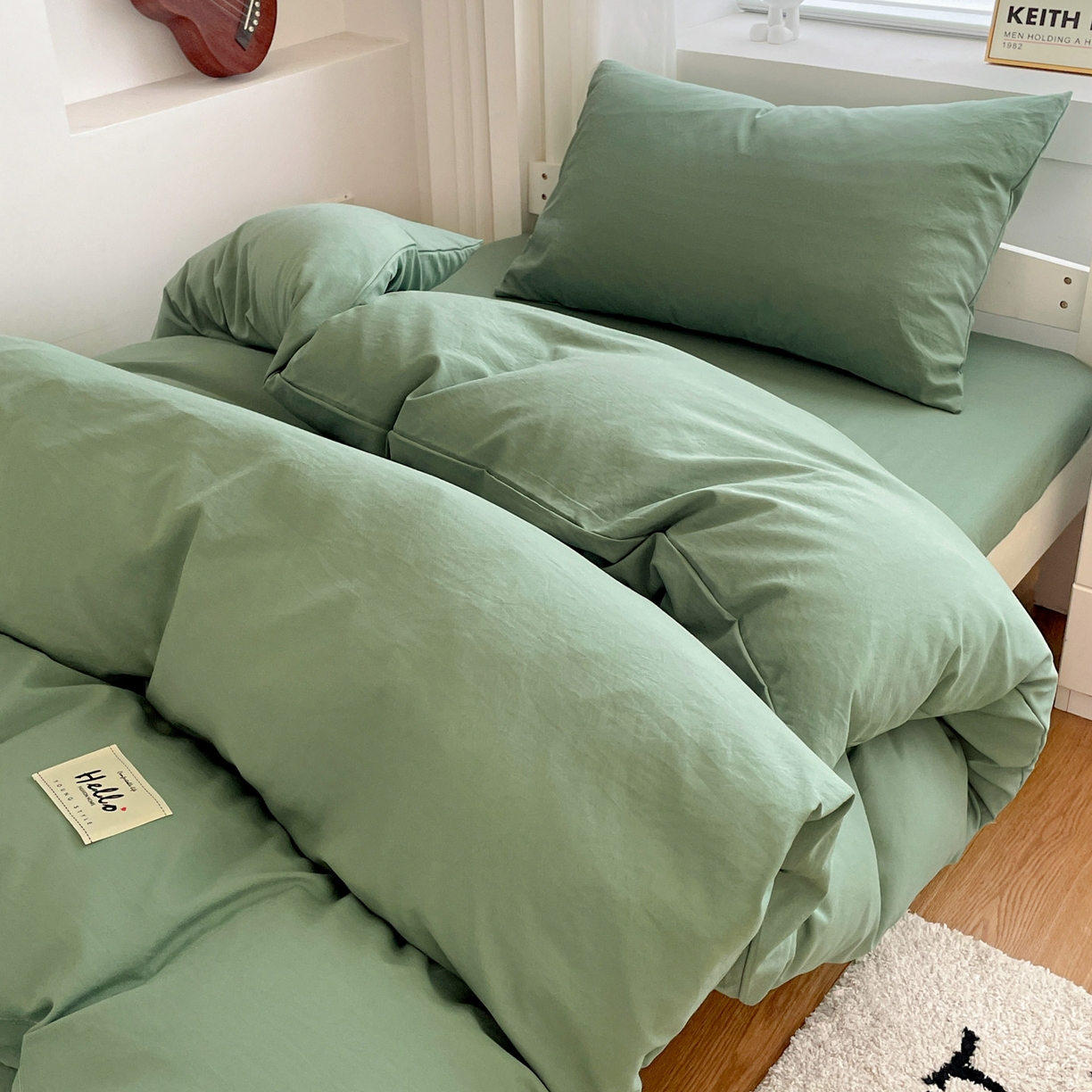 91家纺网 家纺一手货源 找家纺 纽缦家纺 2025新款纯色水洗亲柔棉三件套宿舍三件套上下铺三件套 蓝绿