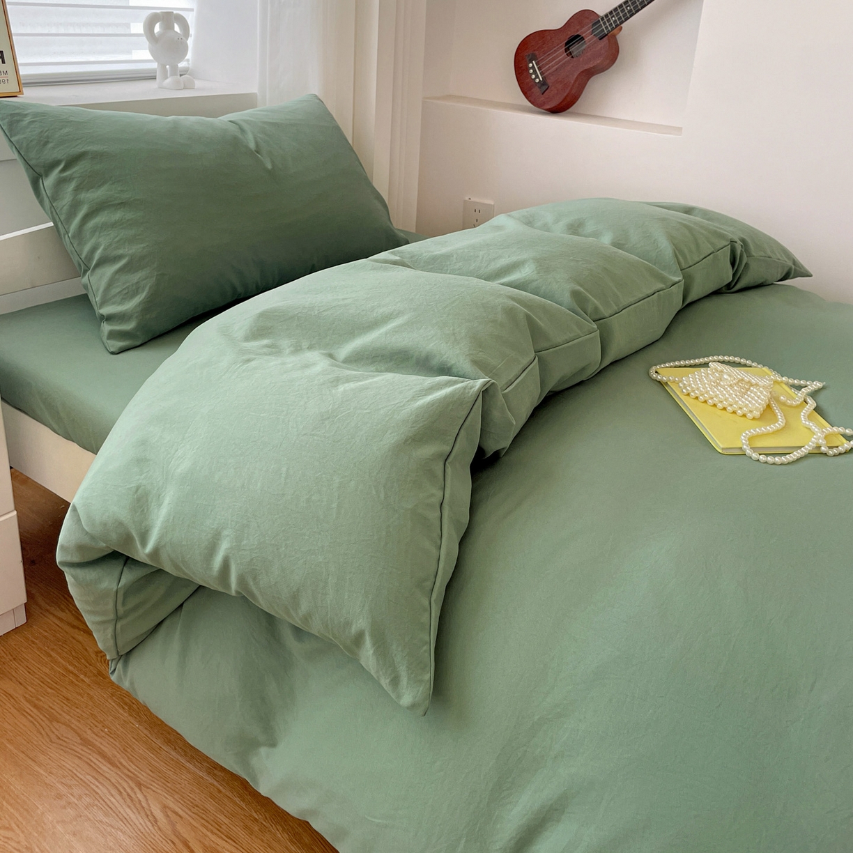 91家纺网 家纺一手货源 找家纺 纽缦家纺 2025新款纯色水洗亲柔棉三件套宿舍三件套上下铺三件套 蓝绿