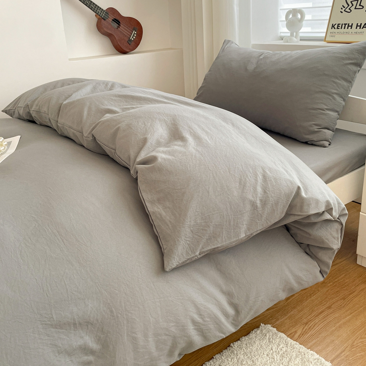 91家纺网 家纺一手货源 找家纺 纽缦家纺 2025新款纯色水洗亲柔棉三件套宿舍三件套上下铺三件套 高级灰