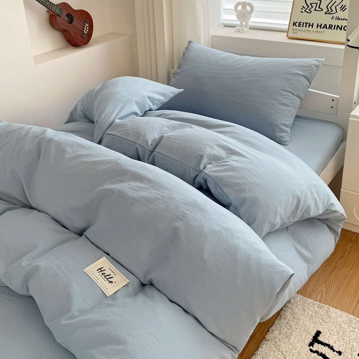 91家纺网 家纺一手货源 找家纺 纽缦家纺 2025新款纯色水洗亲柔棉三件套宿舍三件套上下铺三件套 千代蓝