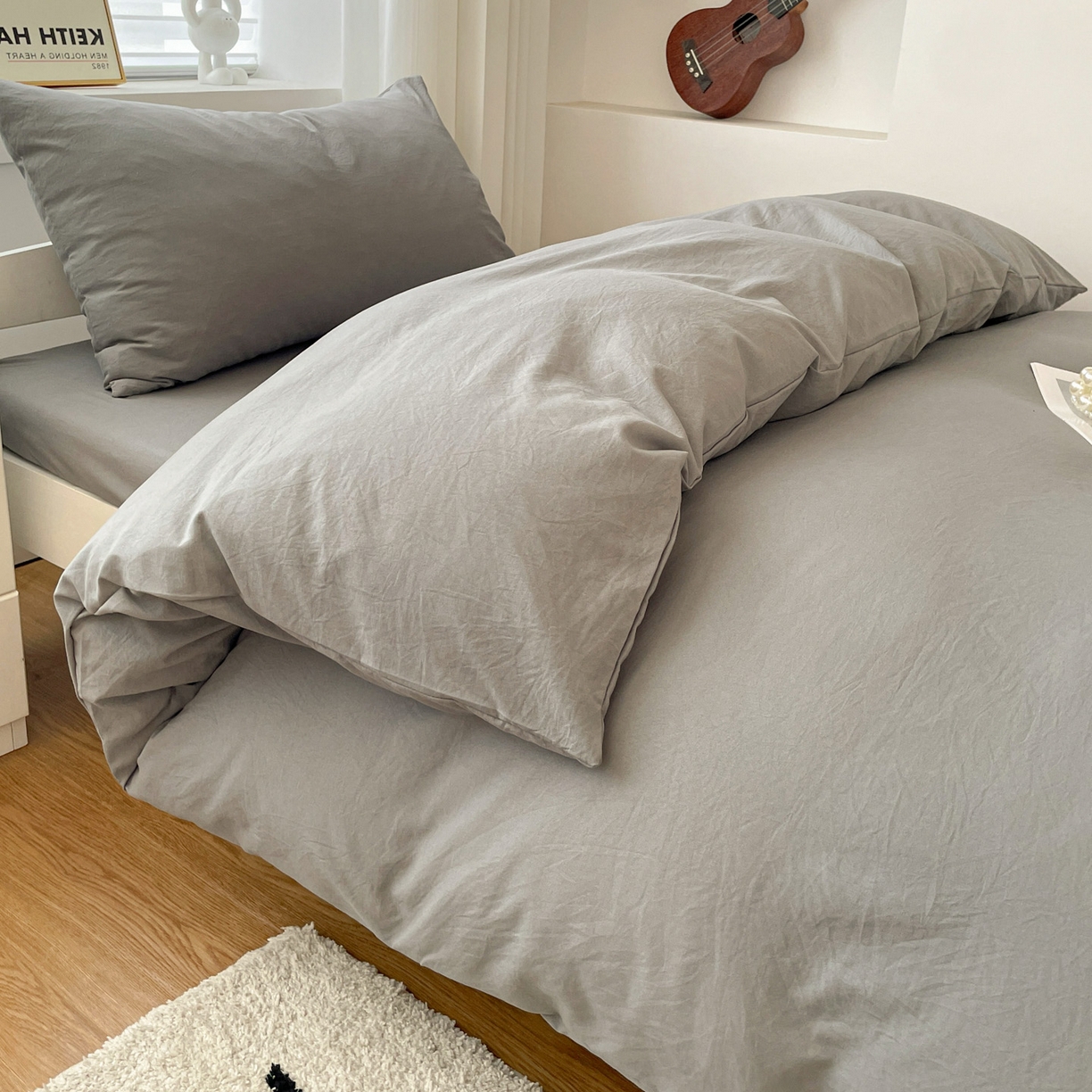 91家纺网 家纺一手货源 找家纺 纽缦家纺 2025新款纯色水洗亲柔棉三件套宿舍三件套上下铺三件套 高级灰