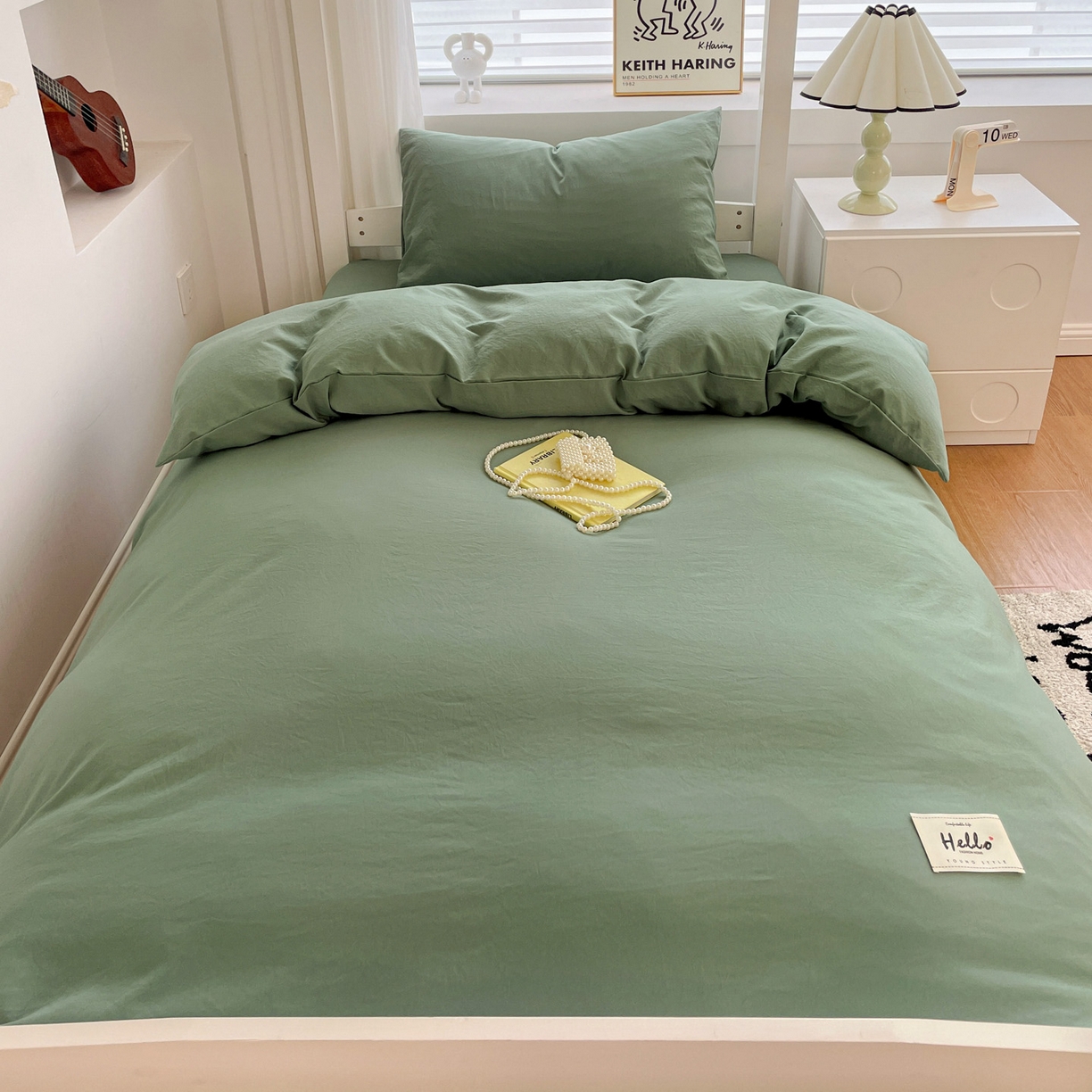 91家纺网 家纺一手货源 找家纺 纽缦家纺 2025新款纯色水洗亲柔棉三件套宿舍三件套上下铺三件套 蓝绿