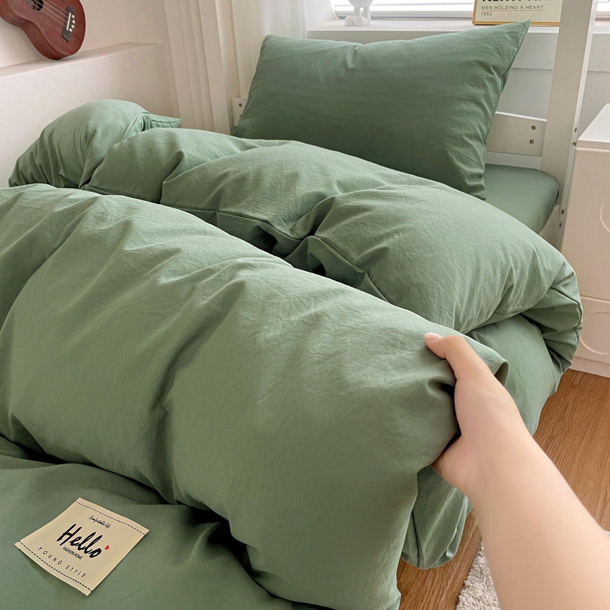 91家纺网 家纺一手货源 找家纺 纽缦家纺 2025新款纯色水洗亲柔棉三件套宿舍三件套上下铺三件套 蓝绿