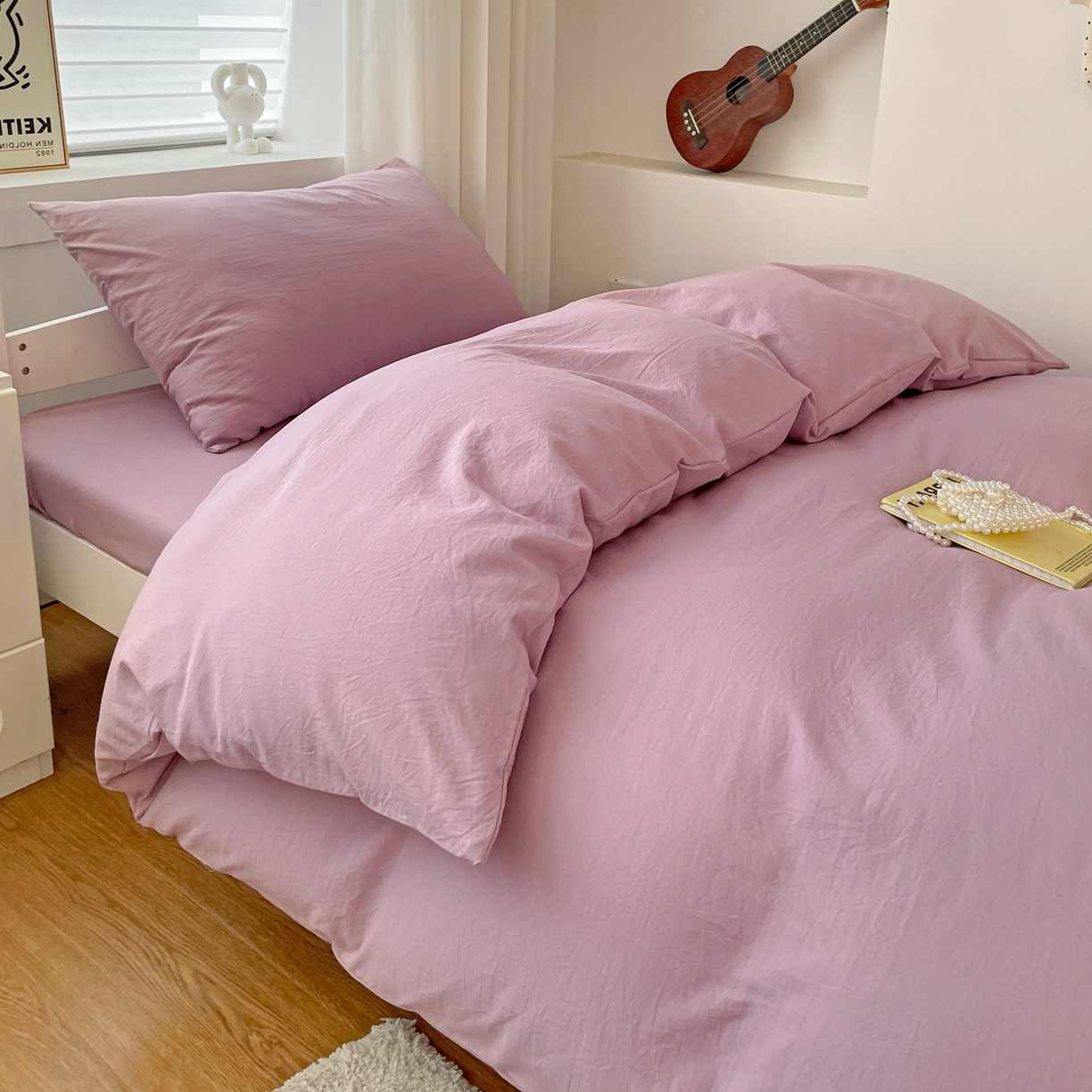 91家纺网 家纺一手货源 找家纺 纽缦家纺 2025新款纯色水洗亲柔棉三件套宿舍三件套上下铺三件套 梦幻紫