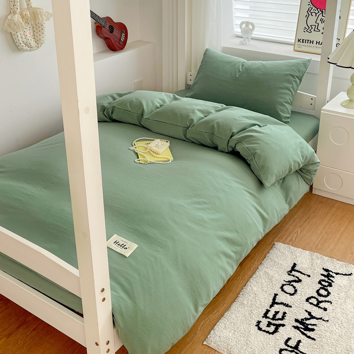 纽缦家纺 2025新款纯色水洗亲柔棉三件套宿舍三件套上下铺三件套 蓝绿