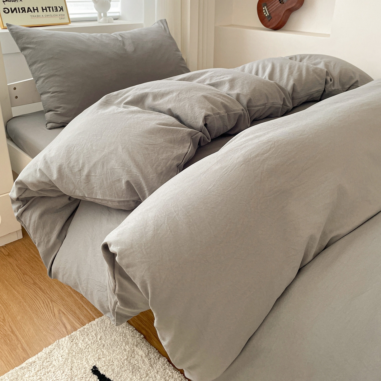 91家纺网 家纺一手货源 找家纺 纽缦家纺 2025新款纯色水洗亲柔棉三件套宿舍三件套上下铺三件套 高级灰