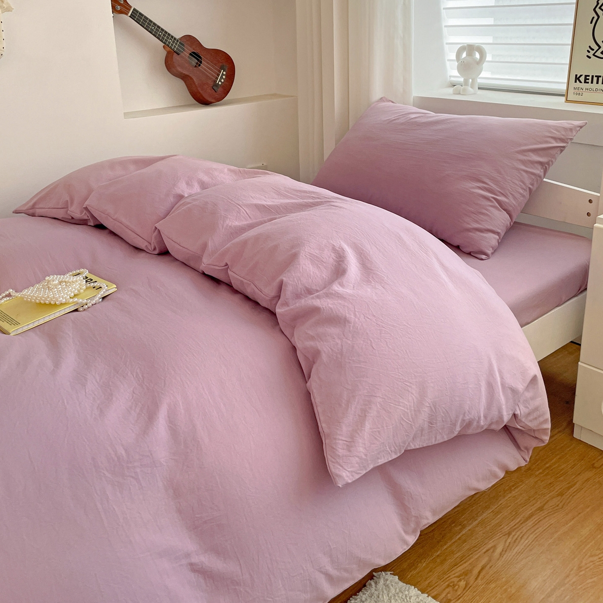 91家纺网 家纺一手货源 找家纺 纽缦家纺 2025新款纯色水洗亲柔棉三件套宿舍三件套上下铺三件套 梦幻紫