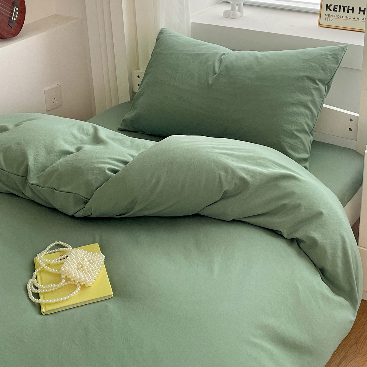 91家纺网 家纺一手货源 找家纺 纽缦家纺 2025新款纯色水洗亲柔棉三件套宿舍三件套上下铺三件套 蓝绿