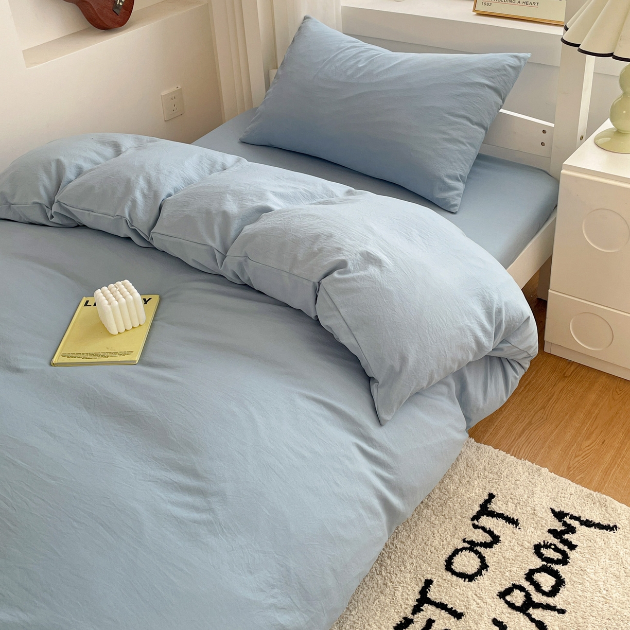 91家纺网 家纺一手货源 找家纺 纽缦家纺 2025新款纯色水洗亲柔棉三件套宿舍三件套上下铺三件套 千代蓝