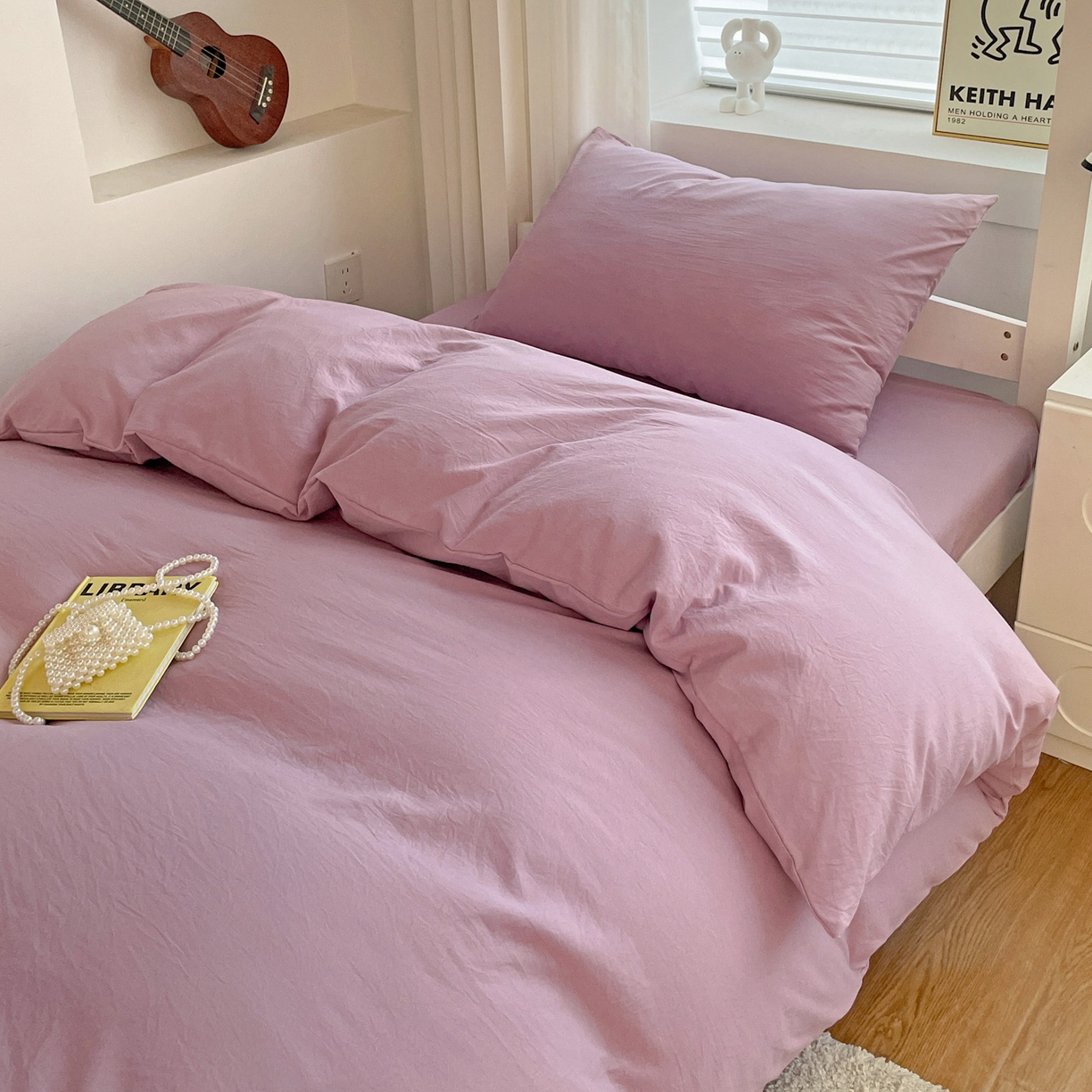 91家纺网 家纺一手货源 找家纺 纽缦家纺 2025新款纯色水洗亲柔棉三件套宿舍三件套上下铺三件套 梦幻紫