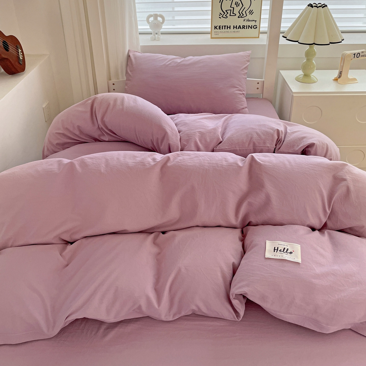 91家纺网 家纺一手货源 找家纺 纽缦家纺 2025新款纯色水洗亲柔棉三件套宿舍三件套上下铺三件套 梦幻紫