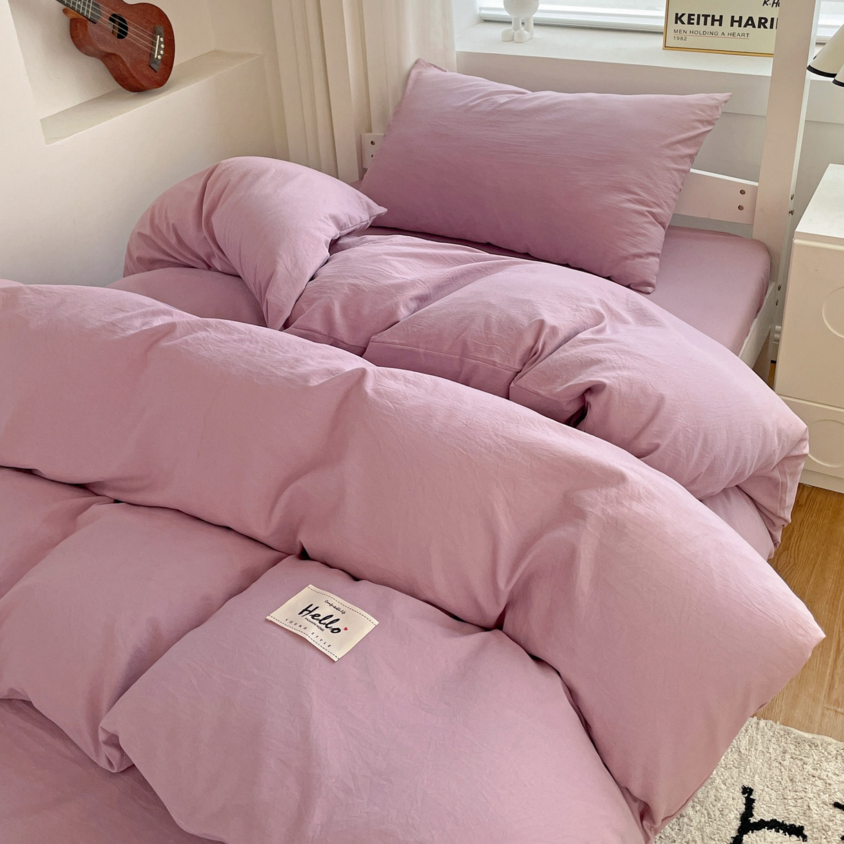 91家纺网 家纺一手货源 找家纺 纽缦家纺 2025新款纯色水洗亲柔棉三件套宿舍三件套上下铺三件套 梦幻紫