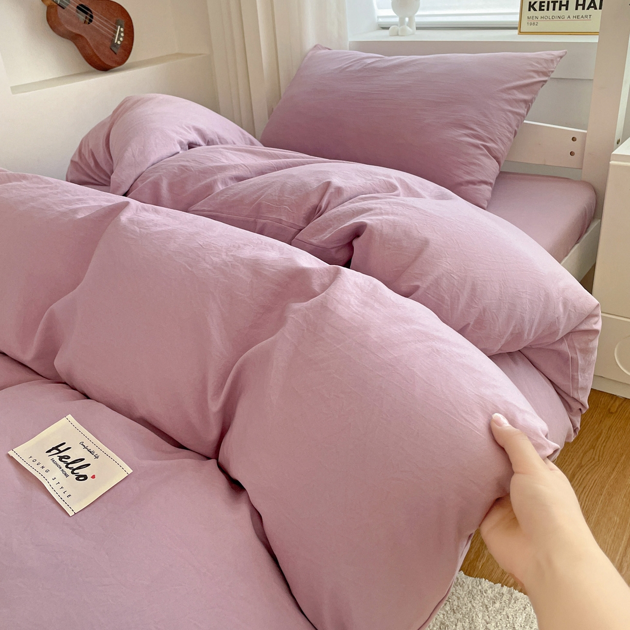 91家纺网 家纺一手货源 找家纺 纽缦家纺 2025新款纯色水洗亲柔棉三件套宿舍三件套上下铺三件套 梦幻紫